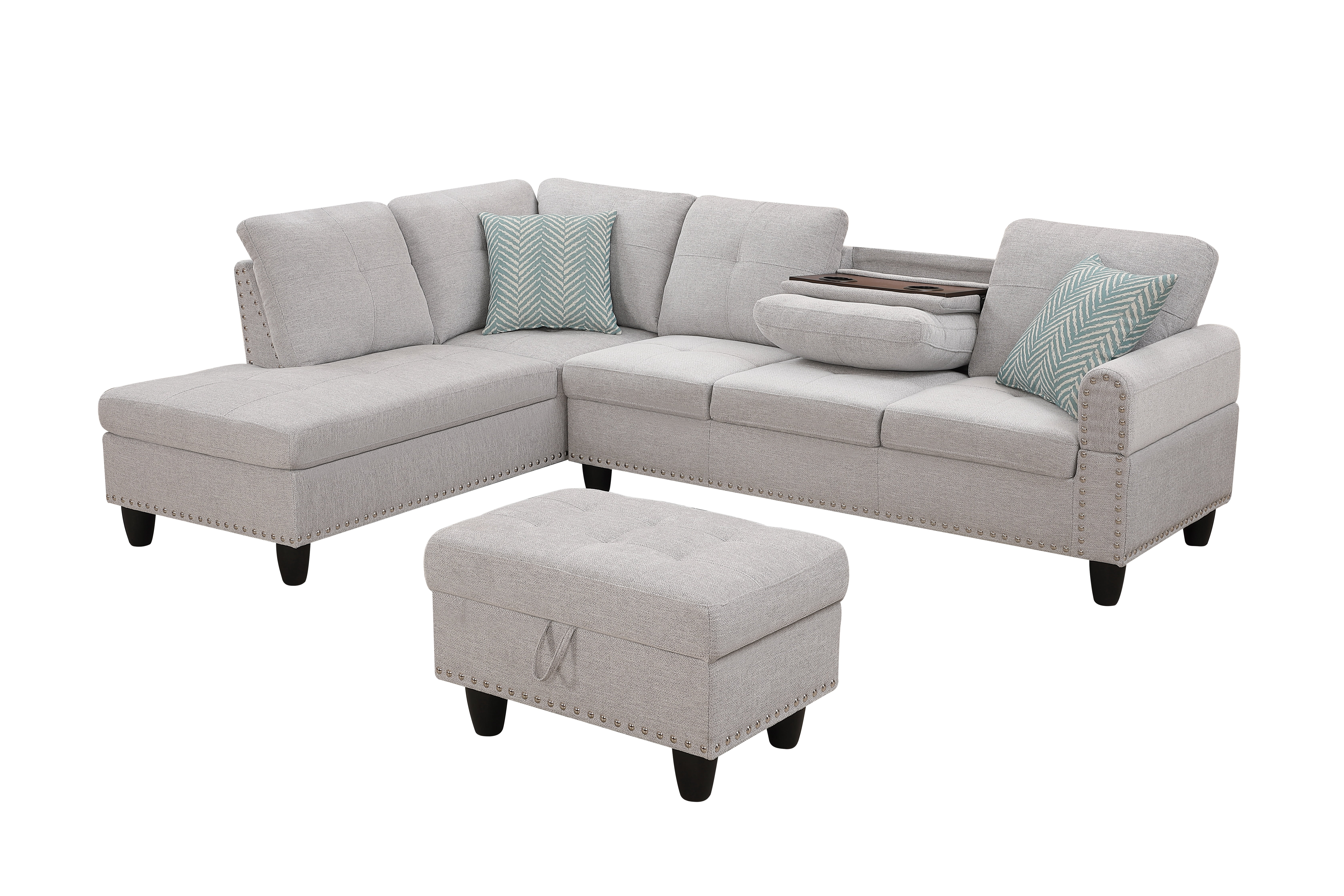 Gewnee L-Shaped Sofa & Chaise Sectional, Linen Blend Fabric Upholstered Couch with Storage Ottoman, Nailhead Trim and Toss Pillows for Living Room Apartment,Light Gray