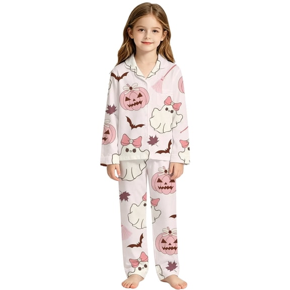 XAOFW Halloween Girls Pajamas Long Sleeve Lapel Cartoon Print Button Down Tops And Shorts 2 Piece Sleepwear Loungewear Sets Kids Breathable Nightwear 3-4 Years