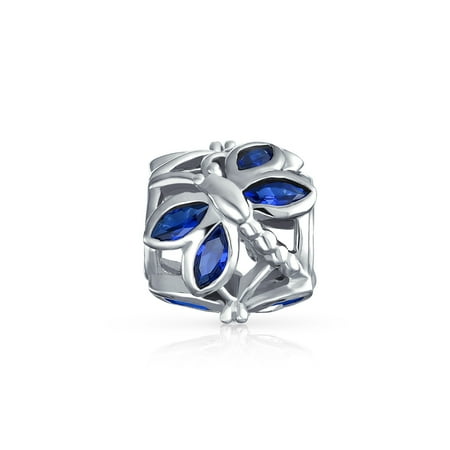 Blue CZ Butterfly Dragonfly Bead Simulated Blue Sapphire 925 Sterling Silver Fits European Charm Bracelet For Women
