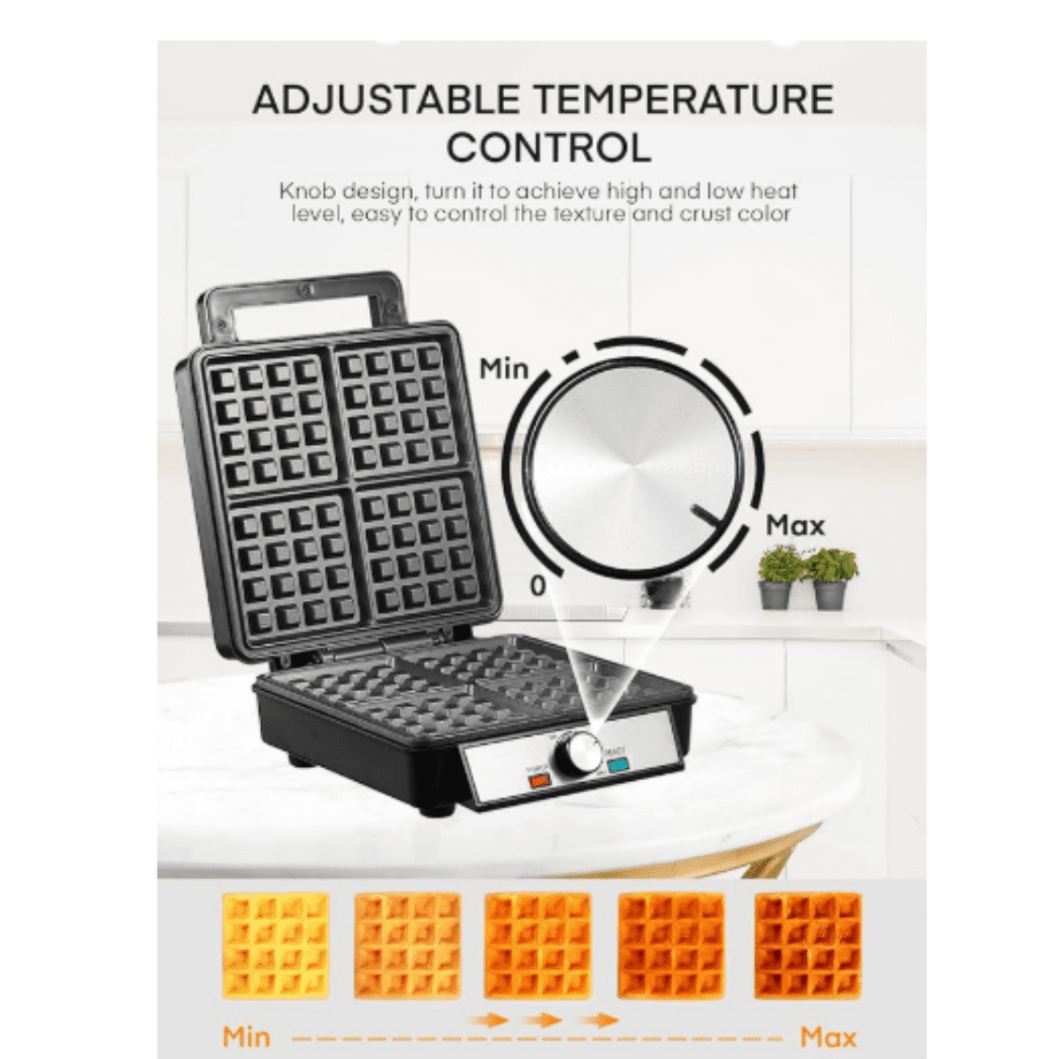 1200W Belgian Waffle Maker 4-Slice, Stainless Steel, 5 Browning Levels, Non-Stick Surfaces, Silver/Black, FOHERE - Perfect for Family Breakfasts (Black)