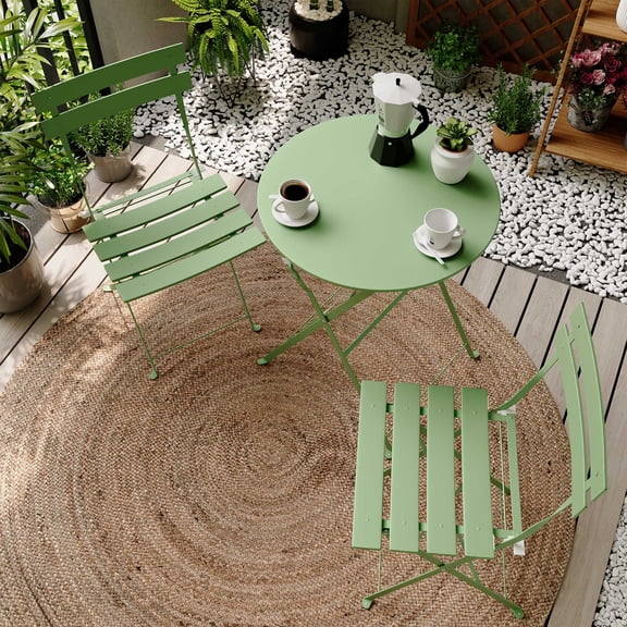 Decksplore 3-Piece Folding Metal Outdoor Bistro Set, Table and 2 Chairs, Sage Green