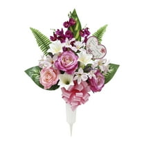 26-inch Artificial Silk Pink & White Rose Mixed Cemetery Extra Large Round Vase with Sign, for Indoor/Outdoor Use, by Mainstays