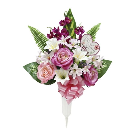 26-inch Artificial Silk Pink & White Rose Mixed Cemetery Extra Large Round Vase with Sign, for Indoor/Outdoor Use, by Mainstays