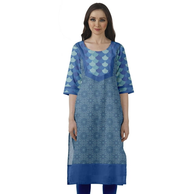 Moomaya Robes Indiennes pour Femmes Décontractées Été Imprimé Manches 3/4 Longue Kurta