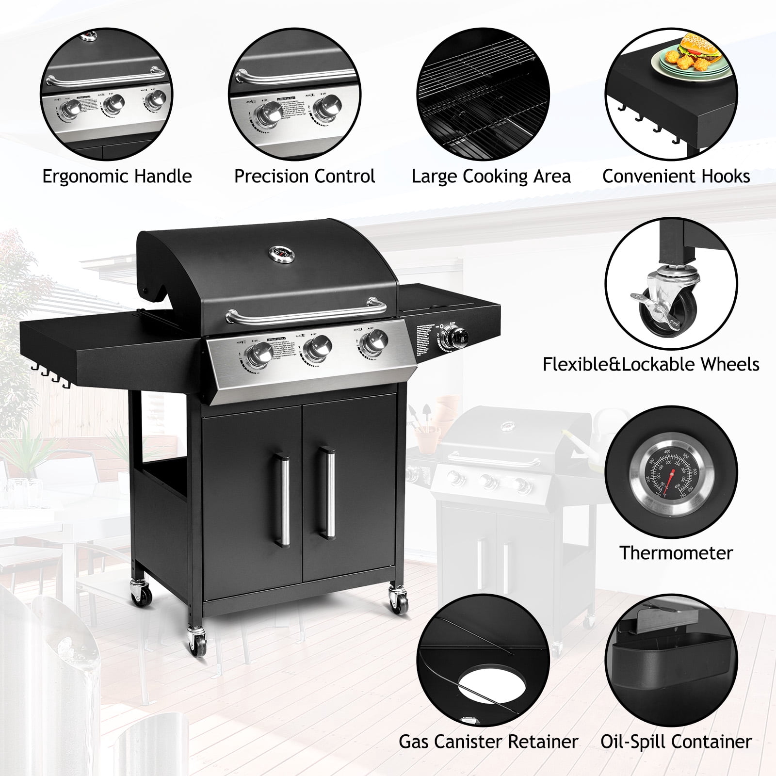 UBesGoo 3 Burner Propane Gas Grill with Side Burner 46000BTU for Camping Cooking BBQ