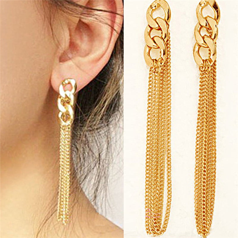Buytra Women Big Long Chain Earrings Fancy Golden Tassel Chains Ear Charm  Stud Earrings 