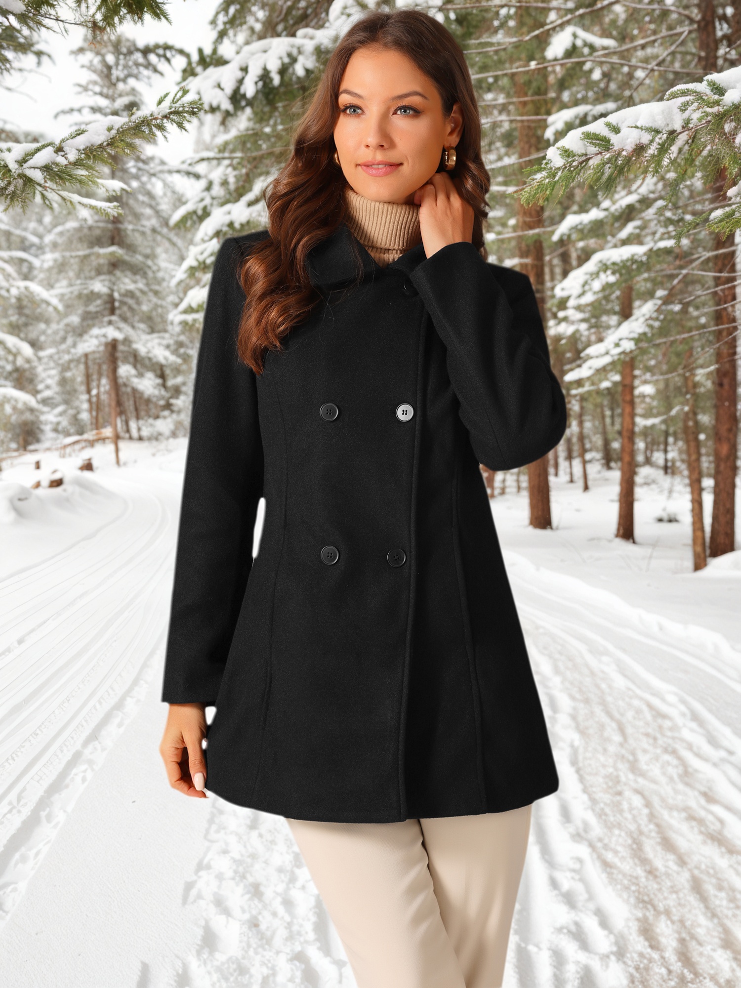 DARING DIVA Women's Double Breasted Long Sleeves Button Down Winter Peacoat M Black