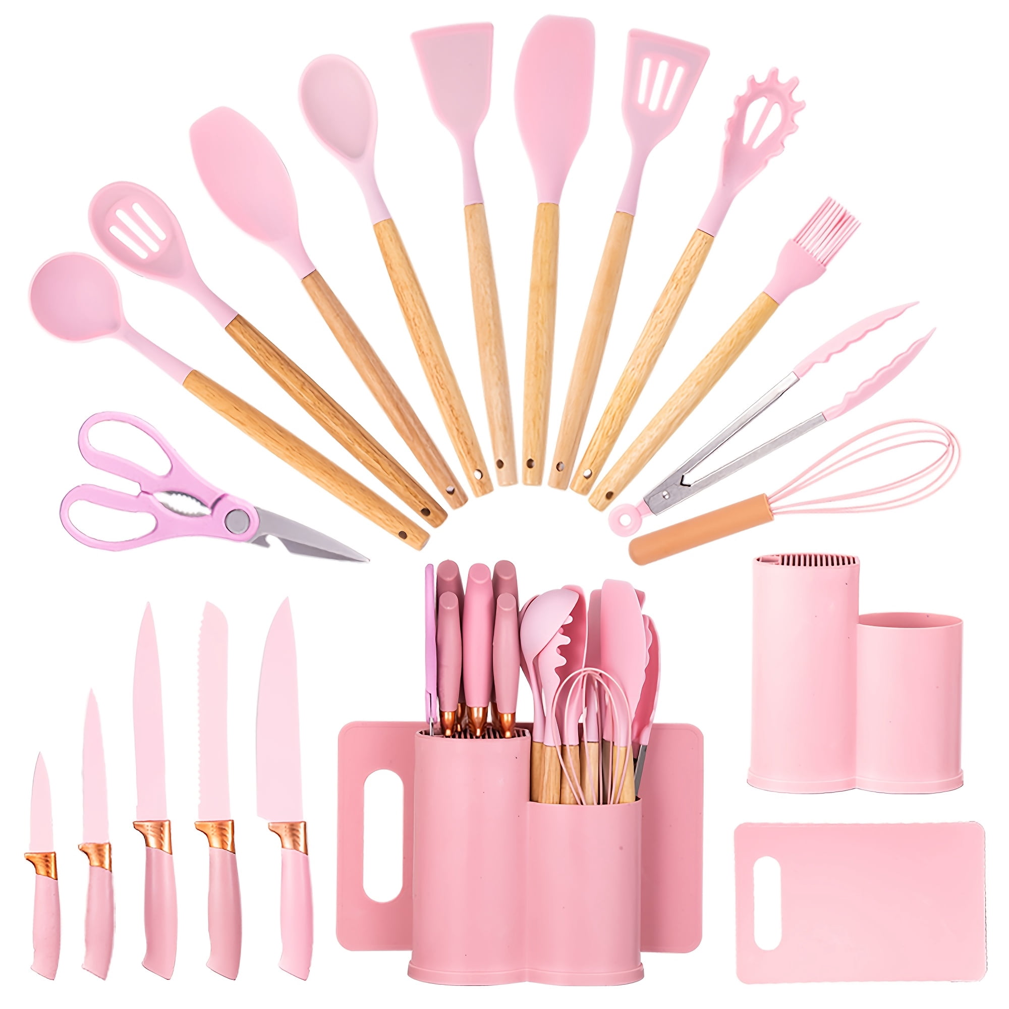 19pcs All-In-One Kitchen Knife & Utensil Set with Block | Silicone Cooking Tools & Stainless Steel Knives with Wooden Handles | Includes Cutting Board & Scissors | Ideal Housewarming & Dorm Gift