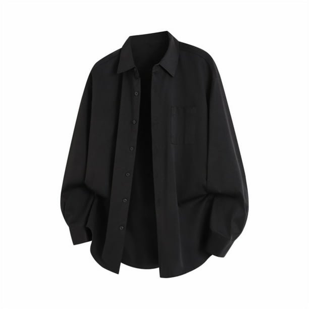 Blusa y camisa de manga larga con cuello vuelto para hombre, color liso, con botones y cuello vuelto, cárdigan de manga larga, blusa de poliéster para hombre