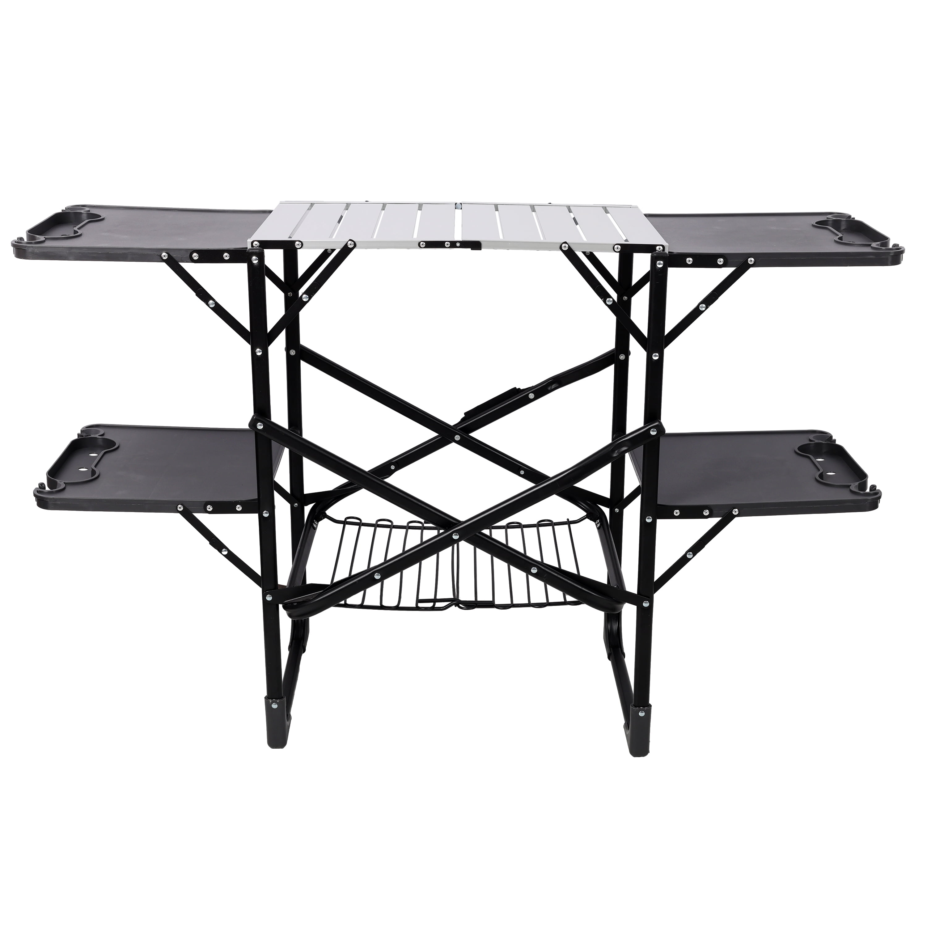 Foldable Camping Cooking Station with Heat Resistant Aluminum Top, 4 Side Tables & Storage Rack, Portable Outdoor Kitchen Prep Table for Picnic Tailgating Camping