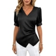 thumbnail image 2 of Pounoo Women's Tops Satin V-Neck Wrap Front Short Sleeve Blouses Elegant Office Vibe Lightweight Stretchy Slim Fit Outfits Gift, 2 of 7