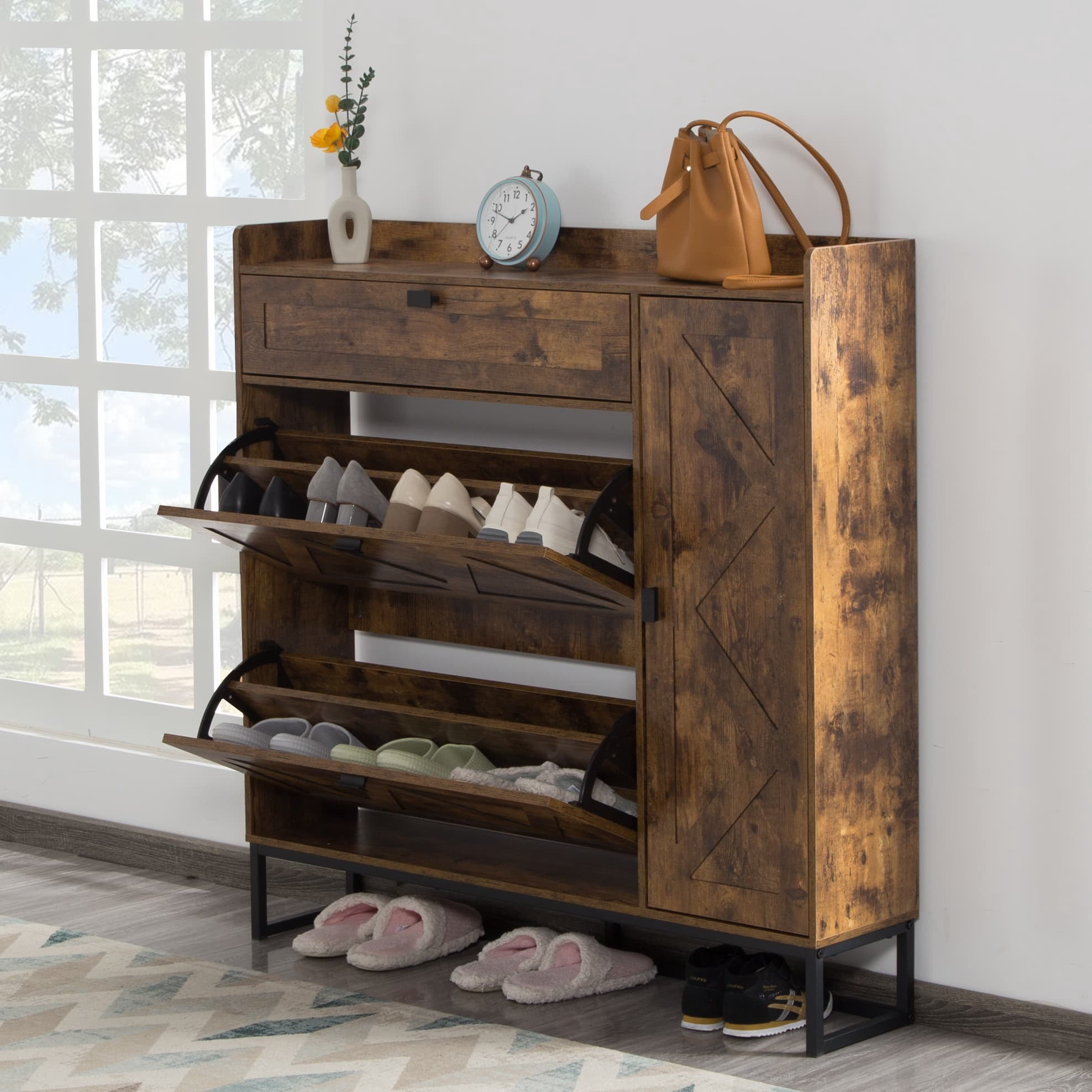 BSHTI Shoe Storage Cabinet with 2 Flip Drawers & Side Cabinet, High-Quality MDF in a Rustic Brown Finish, Adjustable & Versatile Storage, Easy Assembly