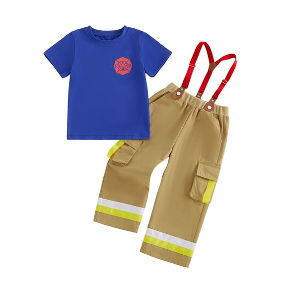 Hirigin Kids Toddler Baby Boy Halloween Firefighter Outfit Short Sleeve T-Shirt Suspender Pants Overalls Halloween Birthday Outfits