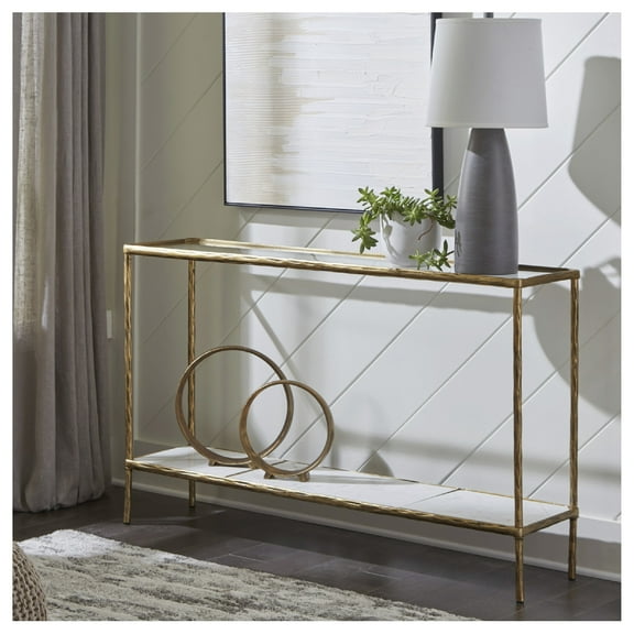 Signature Design by Ashley Ryandale Console Sofa Table, Antique Brass Finish with Glass Top & Marble Shelf