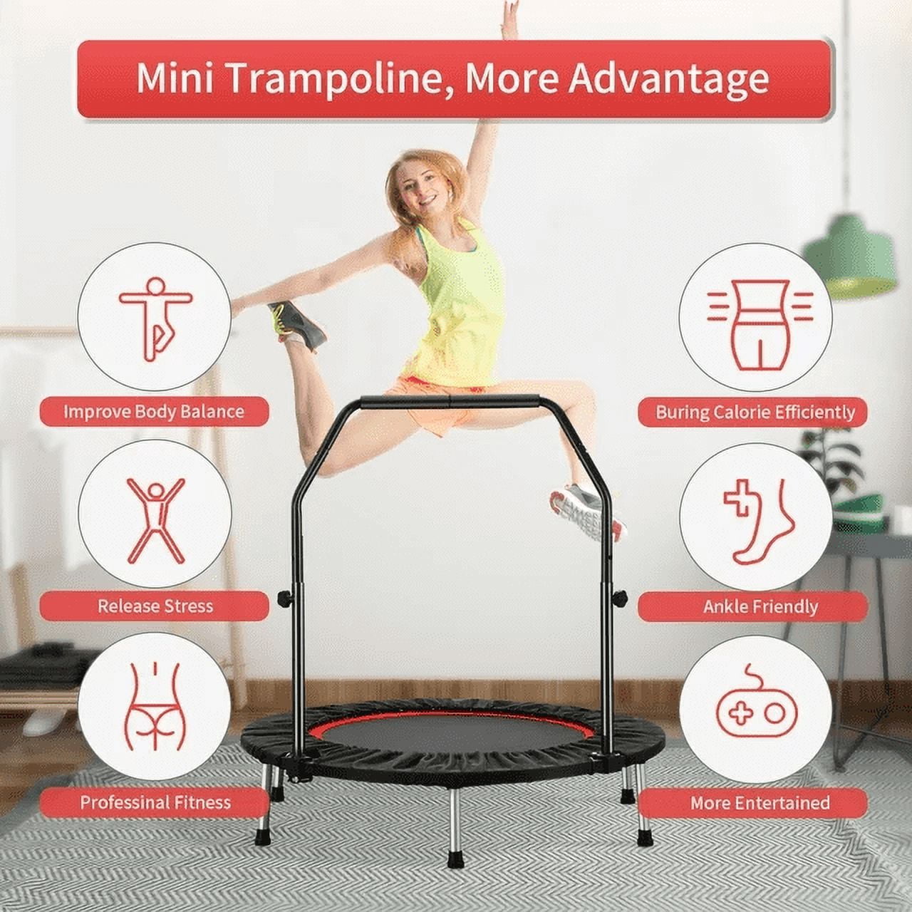 Ainfox Mini Trampoline with Adjustable Handle Bar, Fitness Rebounder, 330 lbs Load Capacity, 40 Inch,Red