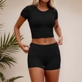 thumbnail image 2 of Conjunto de dos piezas con pliegues y manga corta para mujer: top con cuello redondo y pantalones de cintura alta y pierna ancha, tejido elástico, para todas las estaciones, 2 of 4