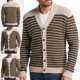 thumbnail image 5 of Mens Striped V-Neck Cardigan Sweater Long Sleeve Button Down Khaki Overcoat, 5 of 5