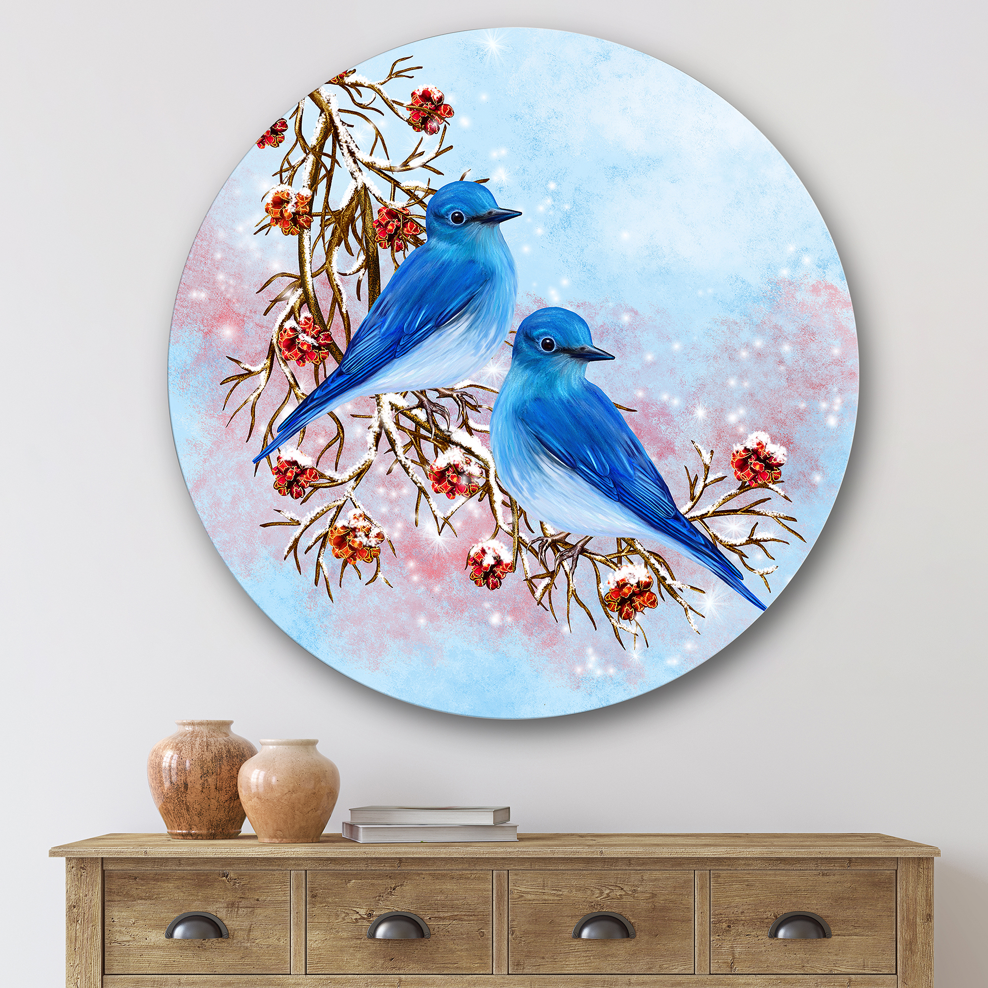 Designart 'Two Blue Birds Sitting On A Branch With Berries In Winter' Traditional Circle Metal Wall Art 36x36 - Disc of 36
