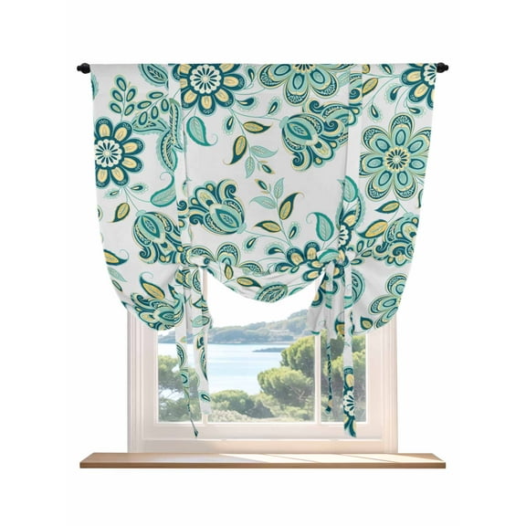 Paisley Floral Tie Up Curtains for Windows 45 Inch Length Balloon Curtains Kitchen Adjustable Balloon Window Shade Teal Boho Ethnic Vintage Tribal Tie Up Valance Bathroom Curtain Window 34"x45"