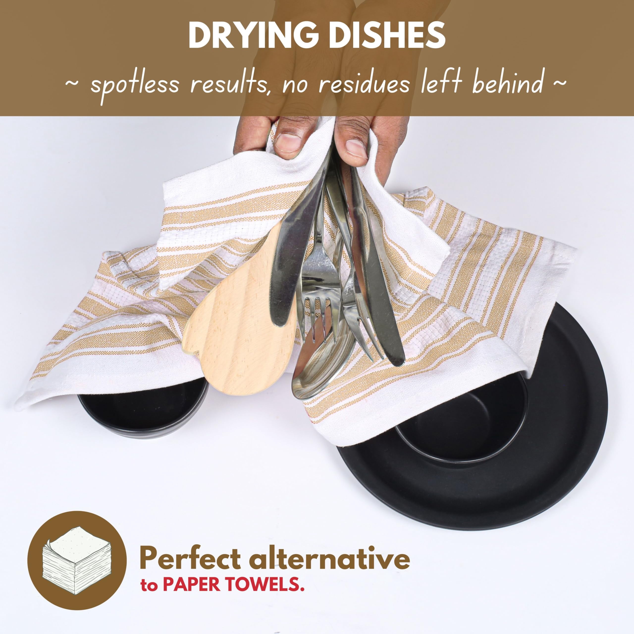 Native Fab Stripe Kitchen Towels Set of 12, 100% Cotton, 16"x26", Everyday Dish Rags for Cleaning, Beige White