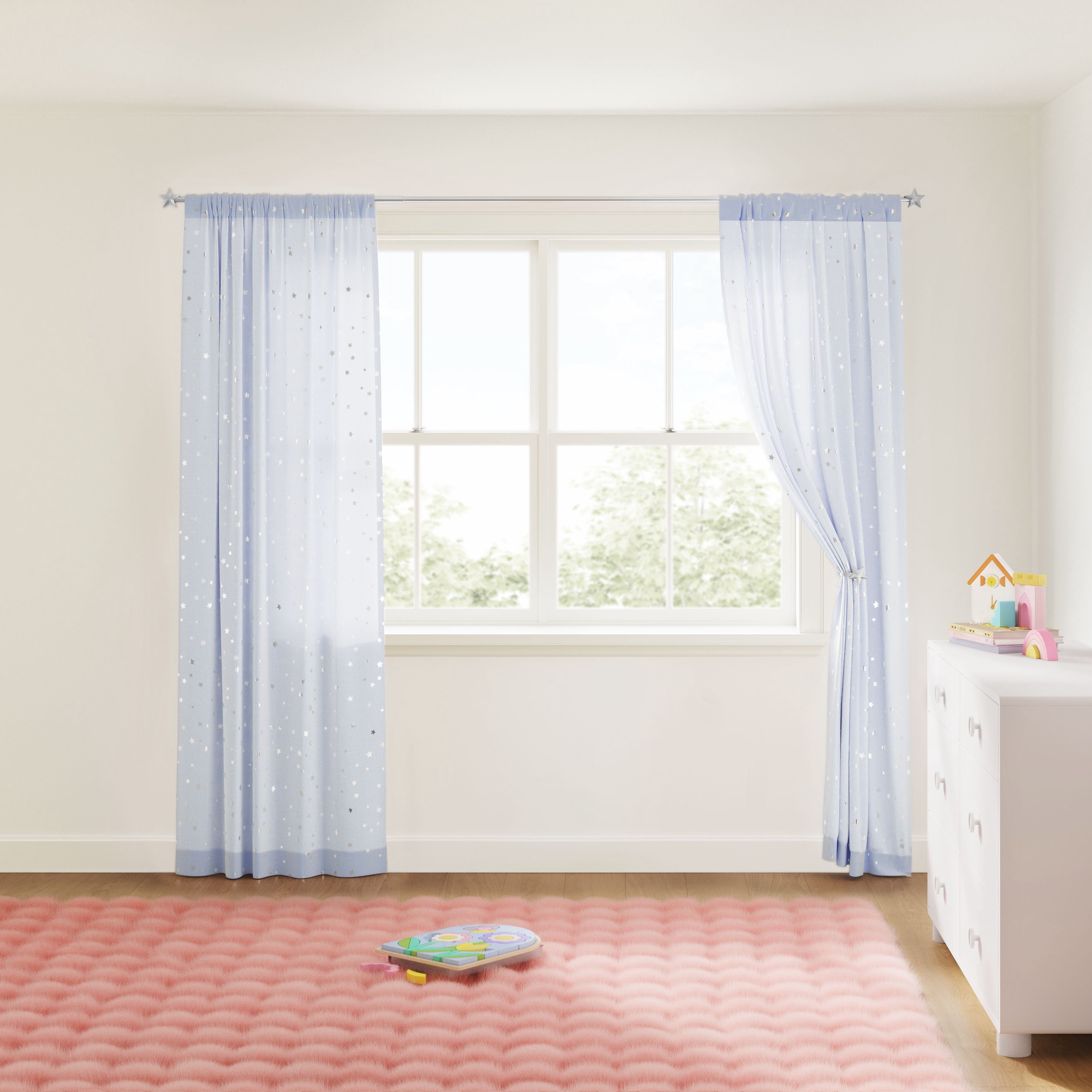 Mainstays Kids Metallic Star Printed Light Filtering Sheer Curtain Panel, Periwinkle, 38 x 84 in