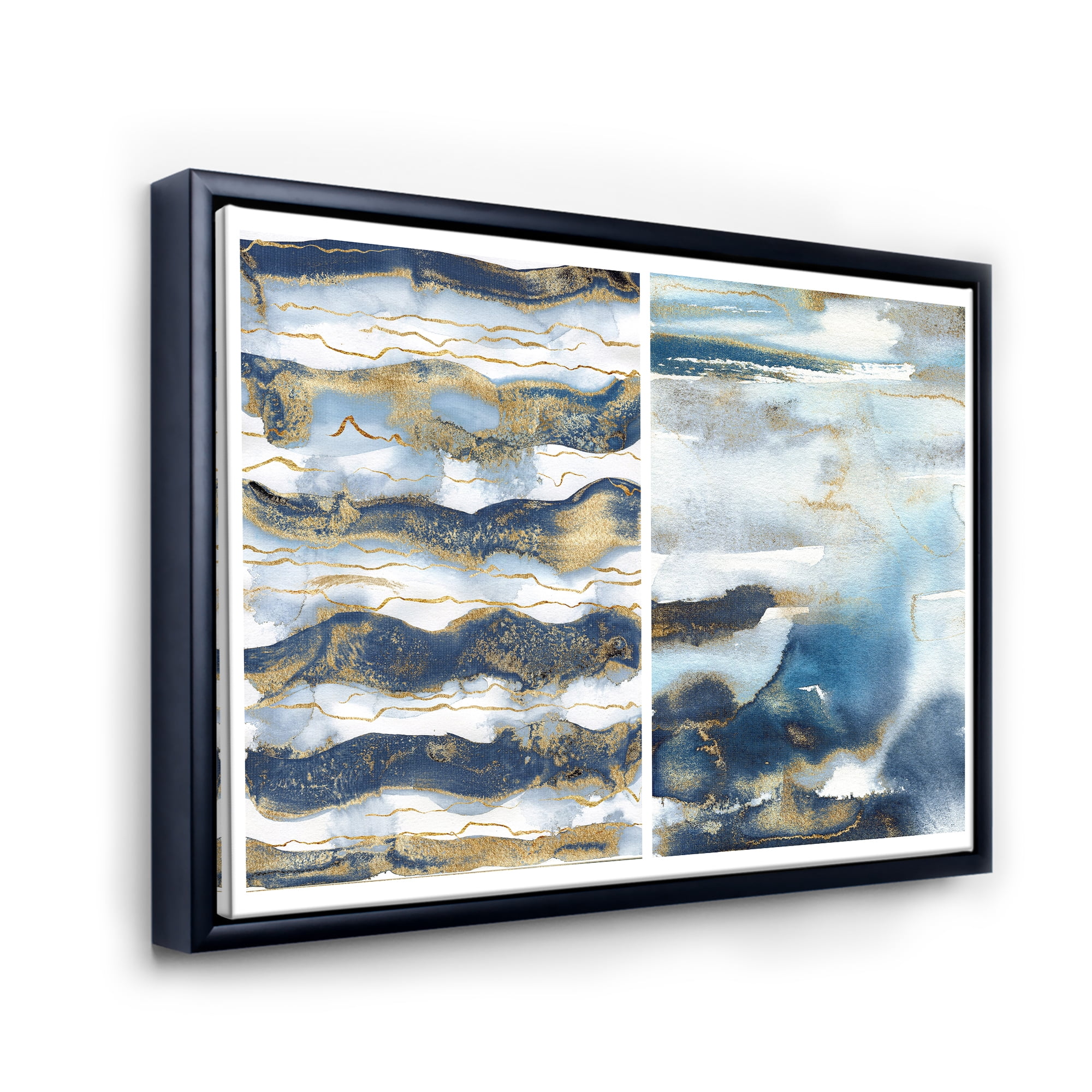 Gold and Dark Blue Abstract Waves II 20 in x 12 in Framed Painting Canvas Art Print, by Designart
