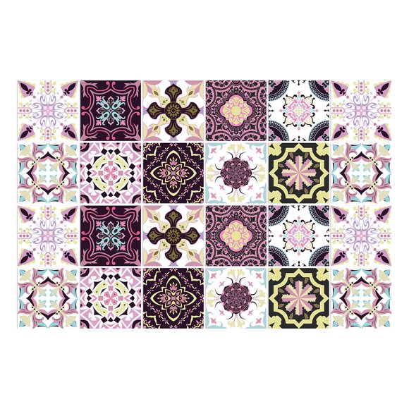24 Pcs Purple Moroccan Tile Decals, Pink Kitchen Bathroom Wall Tile Decals Peel and Stick Tile Transfers Decals (15cm x 15cm)