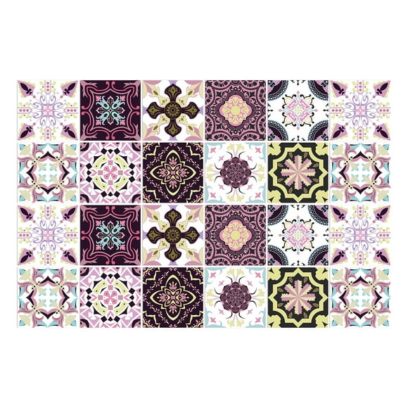 24 Pcs Purple Moroccan Tile Decals, Pink Kitchen Bathroom Wall Tile Decals Peel and Stick Tile Transfers Decals (15cm x 15cm)