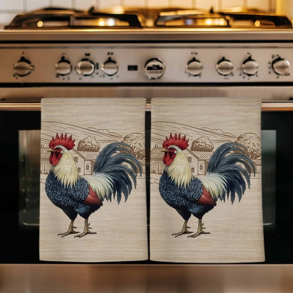 Farm Roosters Kitchen Towels Set of 1, Farmhouse Farm Chicken Countryside Retro Absorbent Dish Towels for Kitchen, Microfiber Hand Towel, Quick Drying Tea Towel for Cleaning Decorative Dishcloths