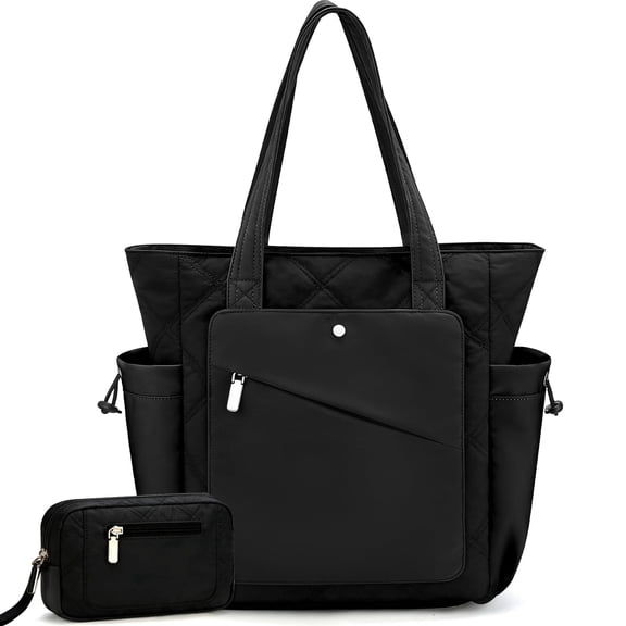 Gocvo 2pcs Work Tote Bags for Women, Large Capacity Puffer Tote Bags for Women, Multi-pocket Quilted Tote Bag for Work (Black)