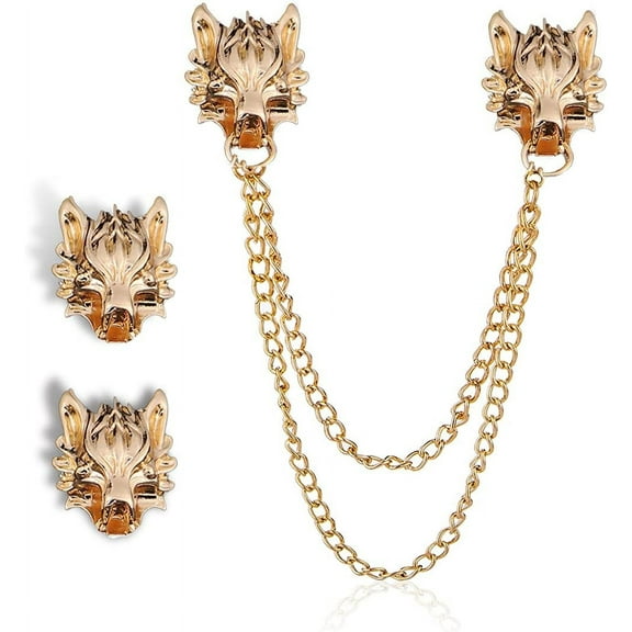 2PCS Wolf Head Long Collar Chain Brooch.Gold Silver Chain Tassel Brooch Pin,Punk Cool Animal Head Collar Coat Pin for Men's Suits Shirt Pin