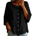 thumbnail image 4 of Uootdi Women's Tops Round Neck 3/4 Sleeve Button Front Cotton Blouses Casual Daily Style Lightweight Breathable Loose Fit Tops Gift, 4 of 7