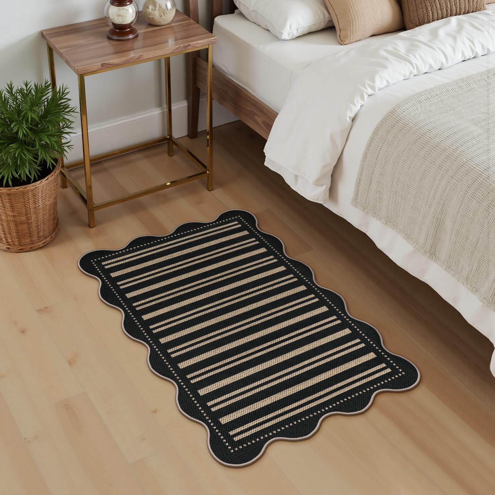 Striped Easy Jute Entryway Rug  2x3 Black Indoor Outdoor Doormat Washable Small Kitchen Non Slip Farmhouse Scalloped Rugs For Front Door Entrance Bathroom