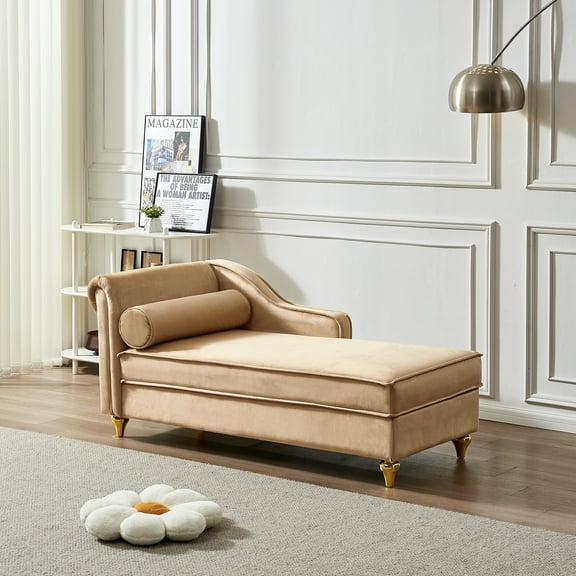 Modern Velvet Chaise Lounge Chair with Storage, Khaki, 60.6" L, Gold Metal Legs, Ideal for Living Room & Bedroom Relaxation