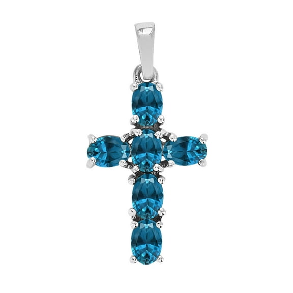6X4mm Oval Swiss Blue Topaz 925 Sterling Silver Women Religious Cross Pendant Jewelry