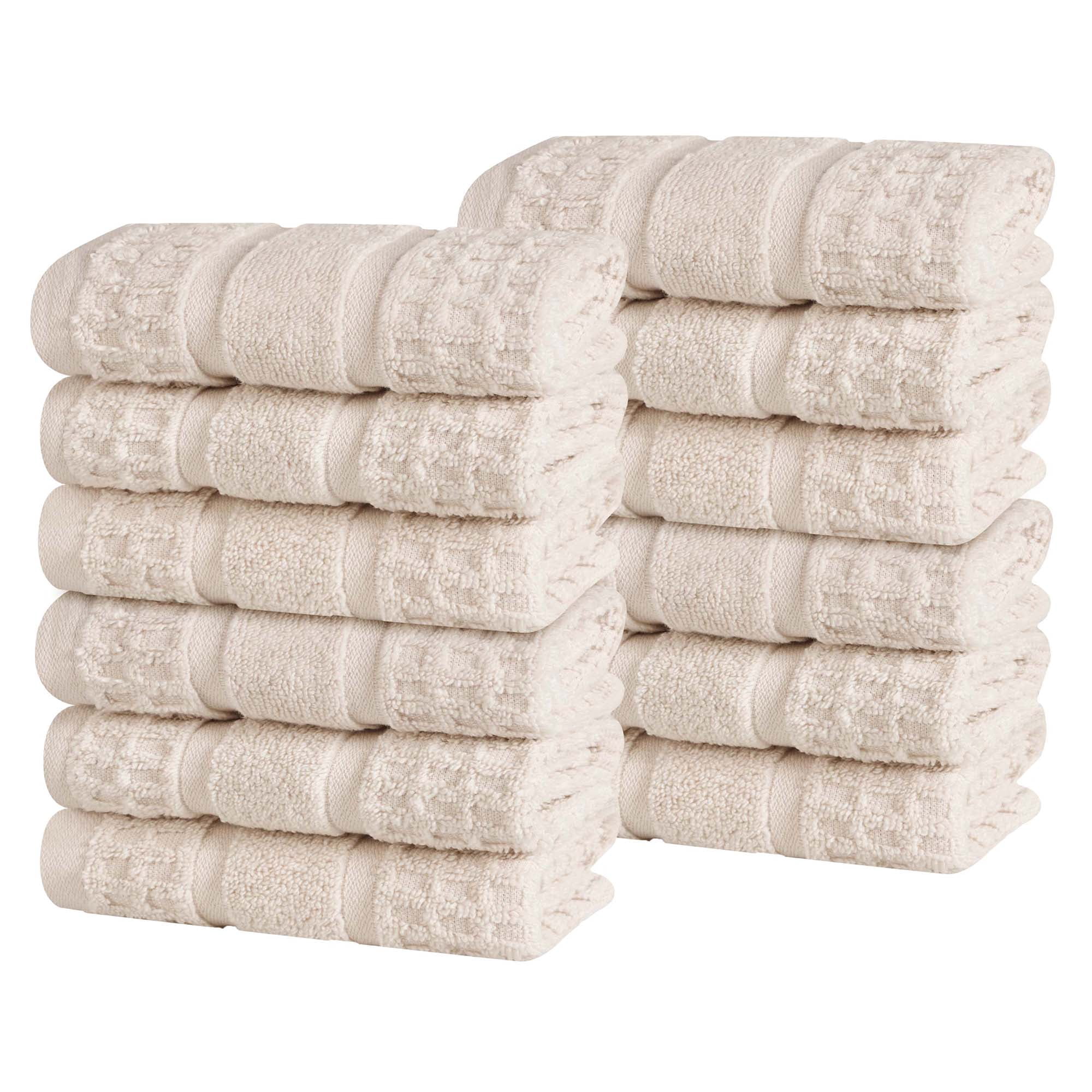 Superior Zero Twist 12-Piece Cotton Face Towel Set, Waffle Border Ultra Doft Quick Dry Towels, Ivory