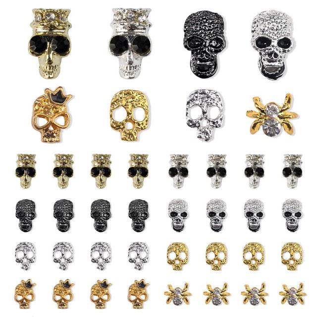 40 piezas Punk Nail Art Skull Nail Charms 3D Spider Nail Studs con diamantes de imitación Metal Punk Vintage Aleación Esqueleto Nail Sticker Joyería Diseño de uñas Glitters fresco para uñas Maquillaje