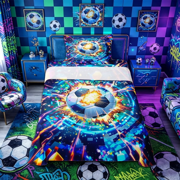 Castle Fairy Soccer Sport Twin Sheets 3pcs, Futuristic Cubes Bedding, Blue Orange Black,1 Fitted Sheet, 1 Flat Sheet and 1 Pillowcase