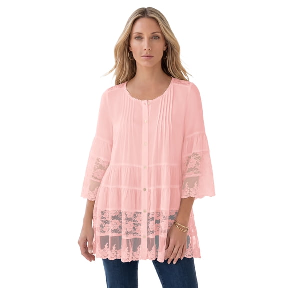 Roaman's Women's Plus Size Lace Illusion Blouse