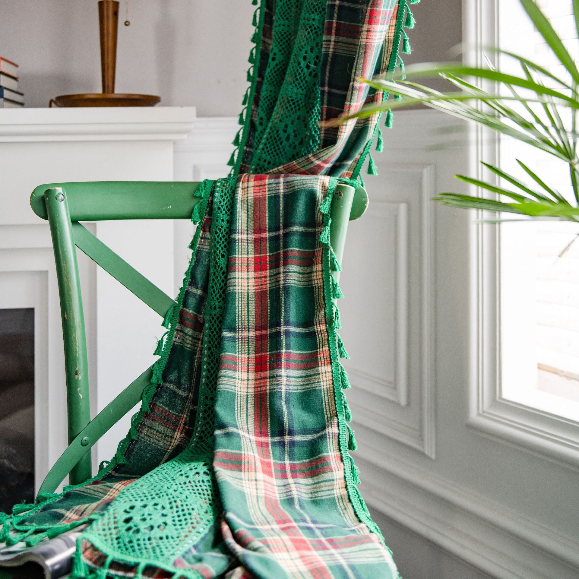 Boho Curtains Plaids for Bedroom, Semi Blackout Linen Farmhouse Tassels Window Treatment Bohemian Drape, Rod Pocket 1 Panel
