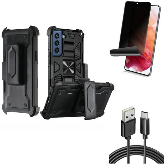 6ft USB Cable & Case Belt Clip & Privacy Screen Protector for Samsung Galaxy S22 (6.1") - Type-C Charger Cord & Holster Swivel & TPU Film Fingerprint Works Accessory Bundle