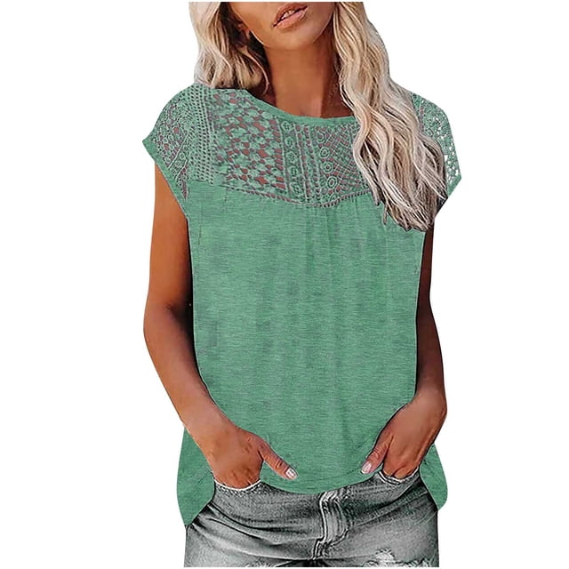 Mikilon Ensemble Élégant pour Femmes 2 Pcs Imprimé Manches Courtes Patchwork en Dentelle Col Rond Chic Confortable Vert S
