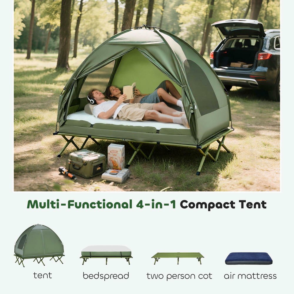 Resenkos 2-Person 4-in-1 Folding Tent Cot, Air Mattress, Foot Pump, Carry Bag – Off-Ground Cot for Camping, Hiking, Backpacking