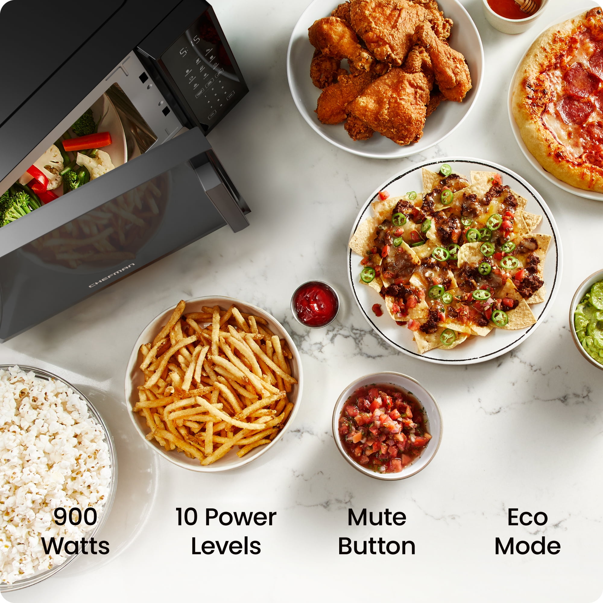 Chefman Countertop Microwave Oven 0.9 Cu. Ft., 900 Watts with 6 Presets and 10 Power Levels - Black