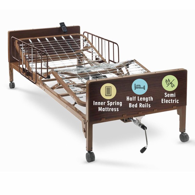 Semi Electric Hospital Bed with innerspring Mattress and Half Rails Included - for Home Care Use and Medical Facilities - Fully Adjustable, Easy Transport Casters, Remote - 80" x 36"