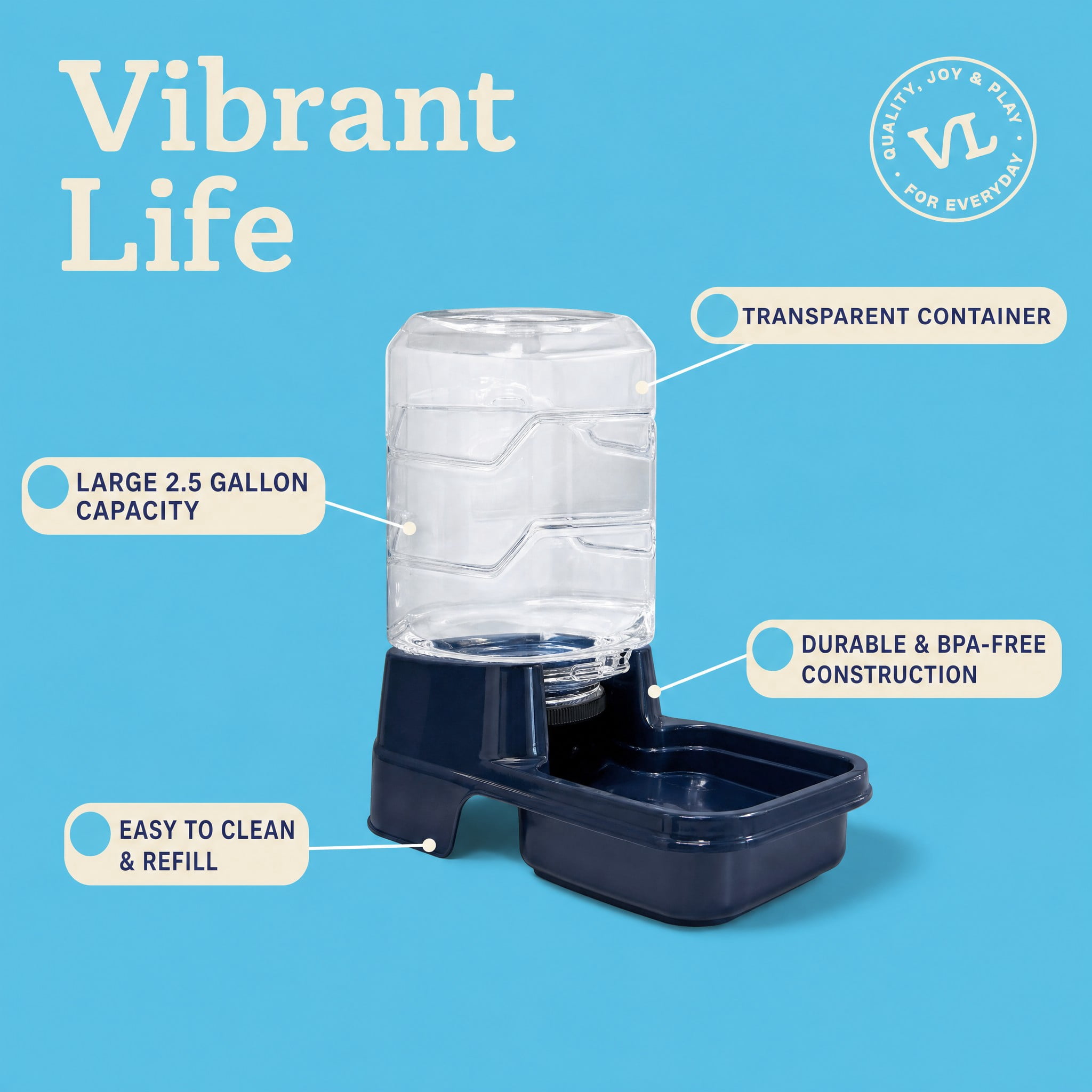 (3 pack) Vibrant Life Gravity Waterer for Large Dogs and Cats, 2.5 gal, Navy