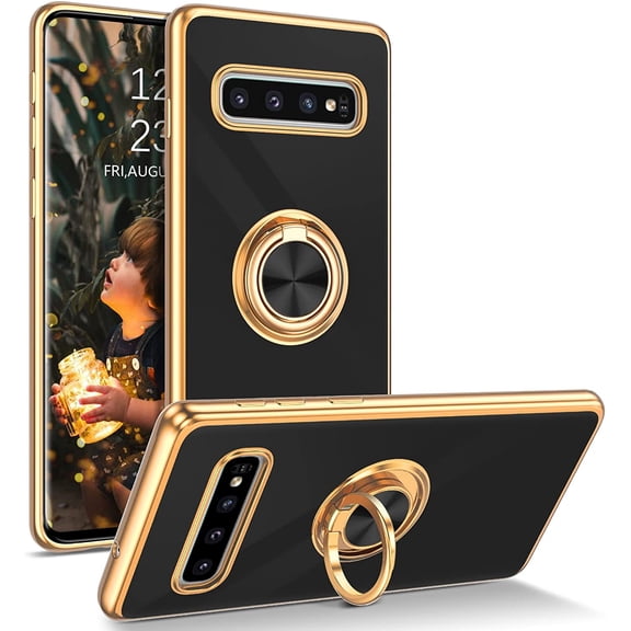 for Samsung Galaxy S10 Case with Ring Holder Kickstand 360 Degree Rotation Magnetic Car Finger Soft TPU Slim Cover Shockproof Full Body Protective Phone Case for Samsung S10 Women Men, Black