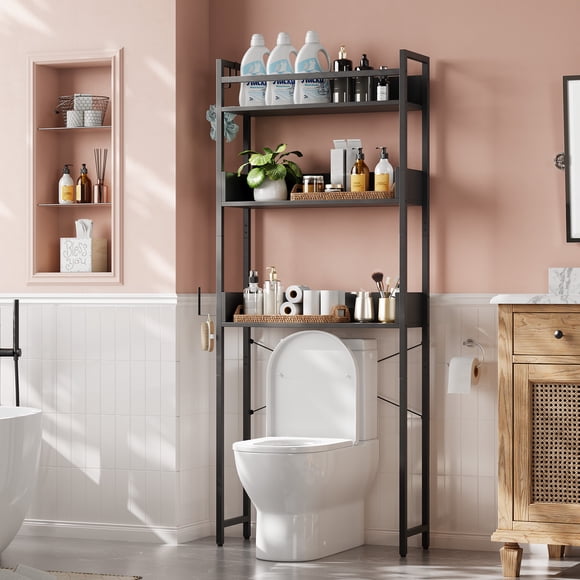 Freestanding 3 Tier Bathroom Shelf Over Toilet with Storage Basket, Wooden Organizer Rack for Towels Toiletries, Space Saver Stand for Small Apartment Bath, Black