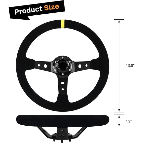 13.6 Inch Universal Suede Racing Steering Wheel with Horn Button Deep Dish Design for Car Sim Driving and Motorsport