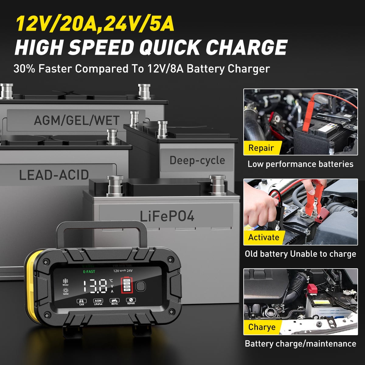 12V 24V Battery Charger, 20-Amp Portable Car Battery Charger 7-Stage Trickle Charger LiFePO4 Lead Acid Smart Battery Maintainer w/Temp Compensation for Car Truck Motorcycle Lawn Mower, Yellow